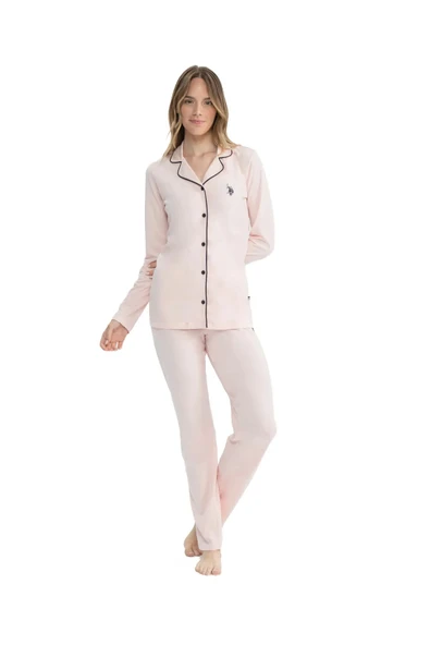 U.S. Polo Assn. Kadın Uzun Kollu Önden Düğmeli Gömlek Pijama Takım