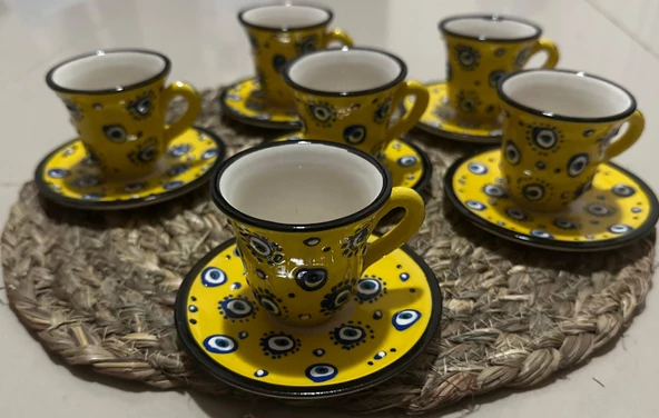 Nazar Boncuğu El işlemesi 6 Kişilik Kahve Fincan Seti Sarı - 5