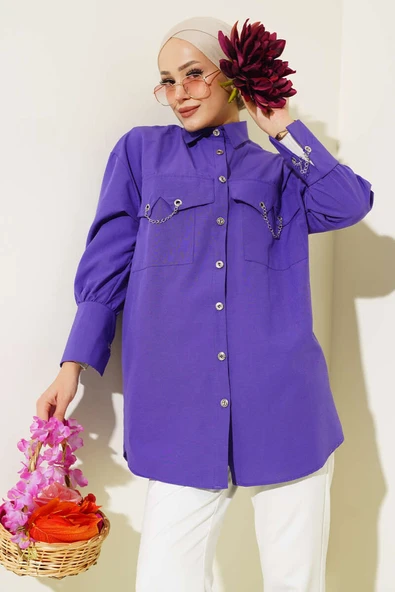 Cep ve Manşet Zincirli Gömlek Mor ürün görseli 1