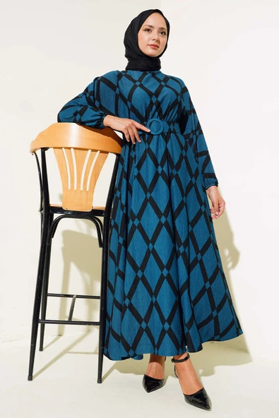 Desenli Yarasa Kol Kemerli Elbise Petrol ürün görseli 1