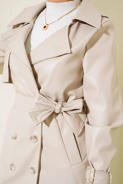 Omuz Apoletli Deri Trençkot Bej - Resim 4