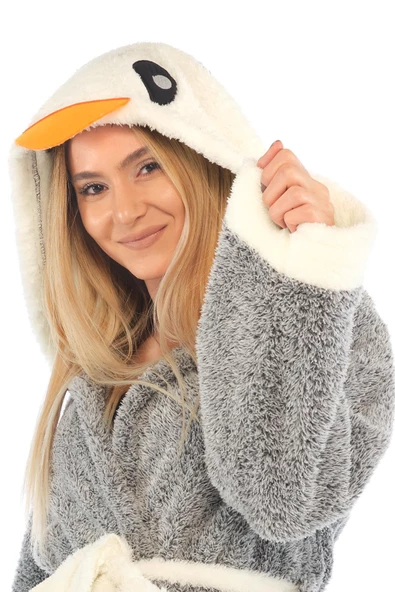Penguen Nakışlı Kapşonlu Wellsoft Peluş Sabahlık | Bornoz - 6