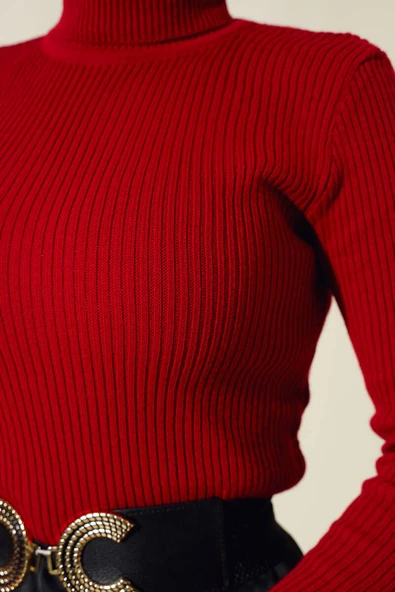 Fitilli Balıkçı Yaka Triko Kazak Kırmızı - 4