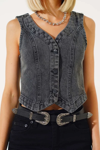 Metal Düğmeli Kot Yelek Gri Kar - Resim 4