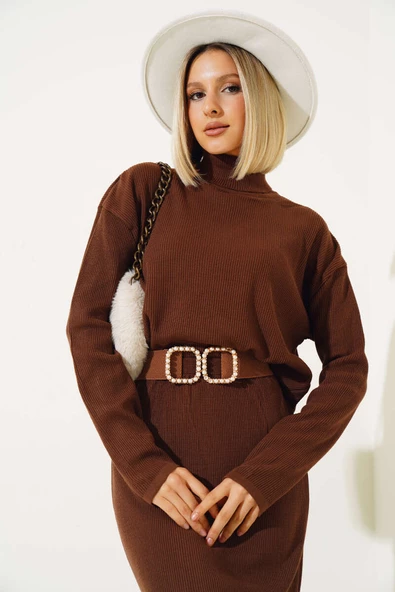 Boğazlı Yırtmaçlı Triko İkili Takım Kahve - 2