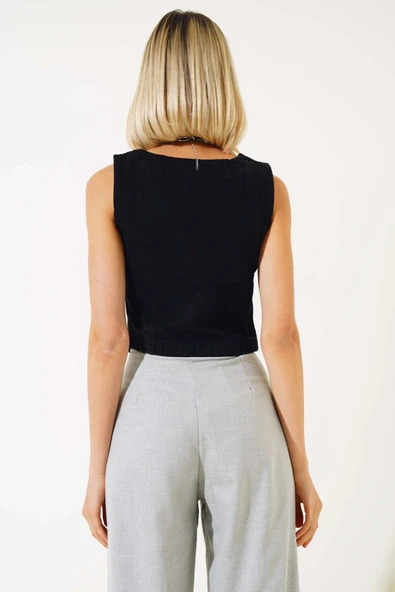 Metal Düğmeli Kot Yelek Siyah - Resim 3