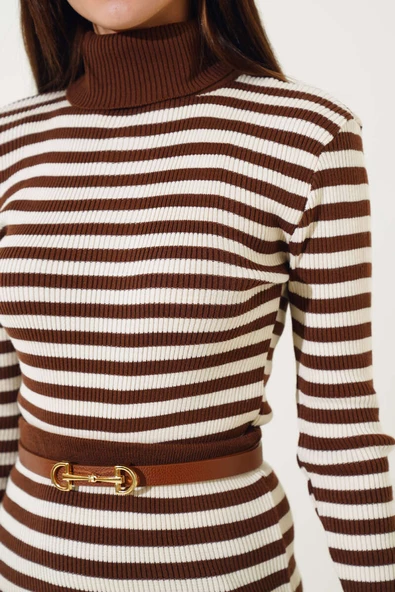 Çizgili Etekli Body Triko Takım Kahve - 4