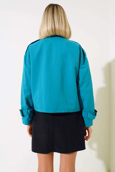Fermuarlı Omuz Apoletli Kısa Ceket Petrol Yeşili - Resim 3