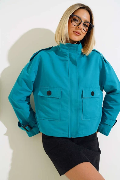 Fermuarlı Omuz Apoletli Kısa Ceket Petrol Yeşili - Resim 2