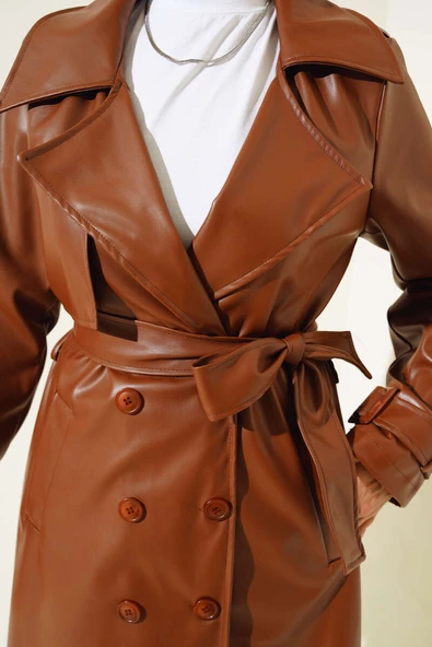 Omuz Apoletli Deri Trençkot Taba - Resim 4