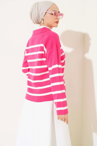 Gömlek Yaka İpli Çizgili Kazak Fuşya - 3