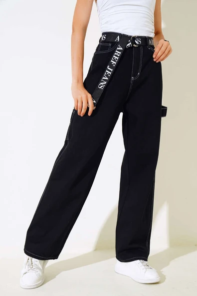 Baggy Bol Paça Kot Pantolon Siyah Beyaz ürün görseli 1