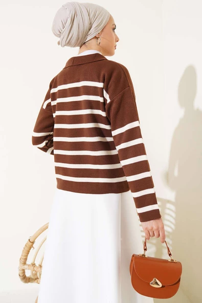 Gömlek Yaka İpli Çizgili Kazak Kahve - 3
