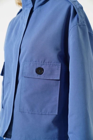 Fermuarlı Omuz Apoletli Kısa Ceket İndigo - Resim 4