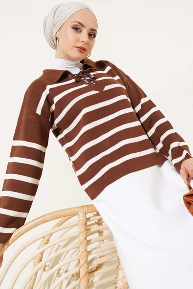 Gömlek Yaka İpli Çizgili Kazak Kahve - 2