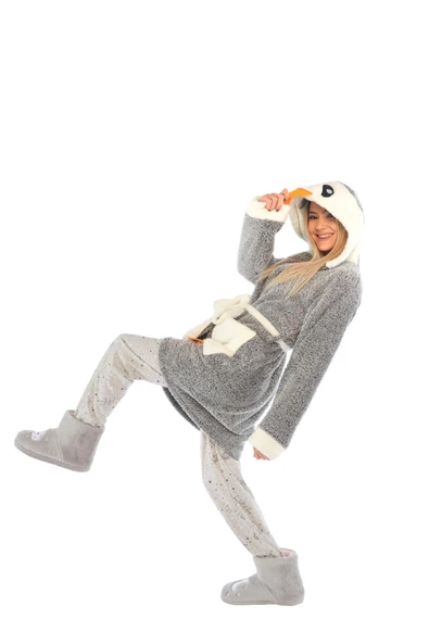 Penguen Nakışlı Kapşonlu Wellsoft Peluş Sabahlık | Bornoz - 4