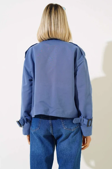 Fermuarlı Omuz Apoletli Kısa Ceket İndigo - Resim 3