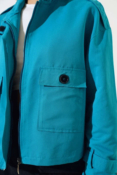 Fermuarlı Omuz Apoletli Kısa Ceket Petrol Yeşili - Resim 4