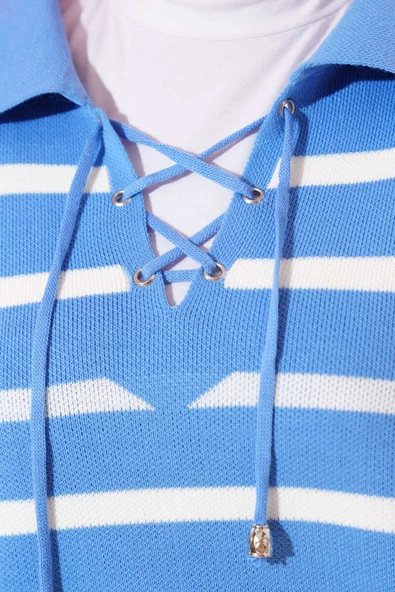 Gömlek Yaka İpli Çizgili Kazak İndigo - 4