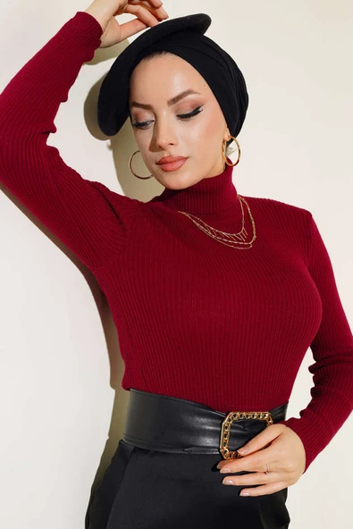 Fitilli Balıkçı Yaka Triko Kazak Bordo - 2