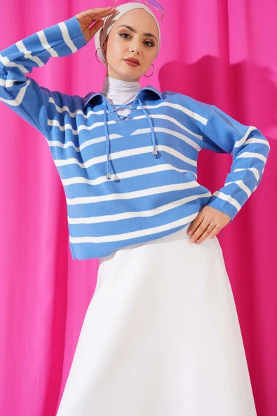 Gömlek Yaka İpli Çizgili Kazak İndigo