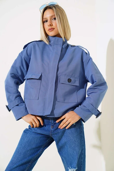 Fermuarlı Omuz Apoletli Kısa Ceket İndigo - Resim 2