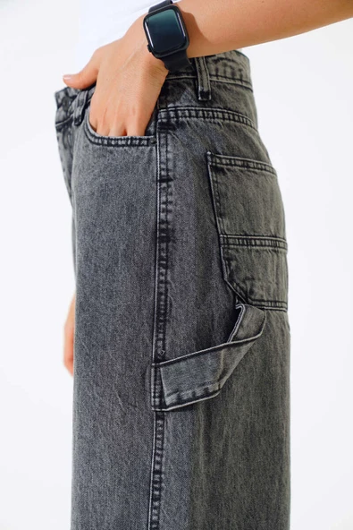 Baggy Bol Paça Kot Pantolon Gri Kar - Resim 4