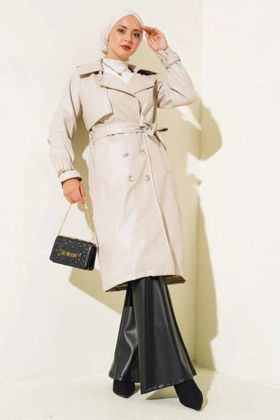 Omuz Apoletli Deri Trençkot Bej ürün görseli 1