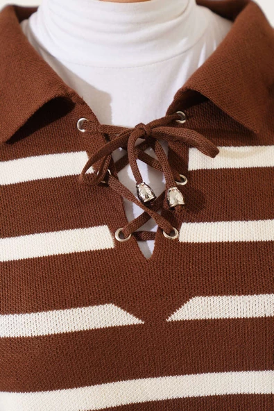 Gömlek Yaka İpli Çizgili Kazak Kahve - 4