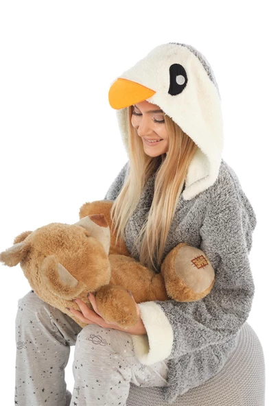 Penguen Nakışlı Kapşonlu Wellsoft Peluş Sabahlık | Bornoz - 7
