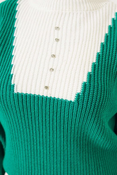 Önü Taş Detaylı Triko Kazak Zümrüt - 4