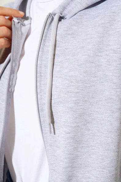 Kapüşonlu Fermuarlı Salaş Hırka Gri - Resim 4