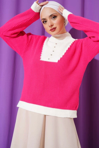 Önü Taş Detaylı Triko Kazak Fuşya