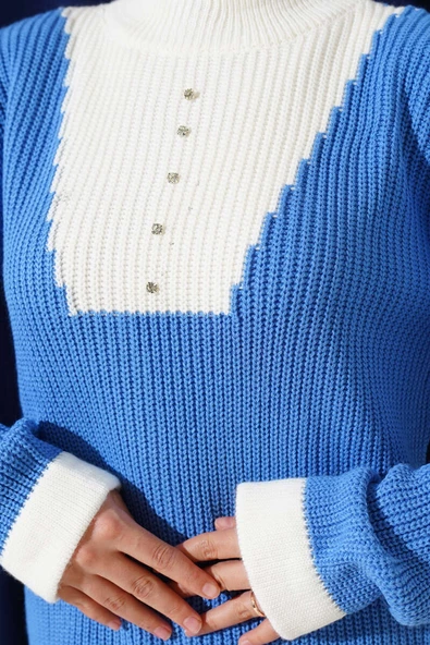 Önü Taş Detaylı Triko Kazak İndigo - 4