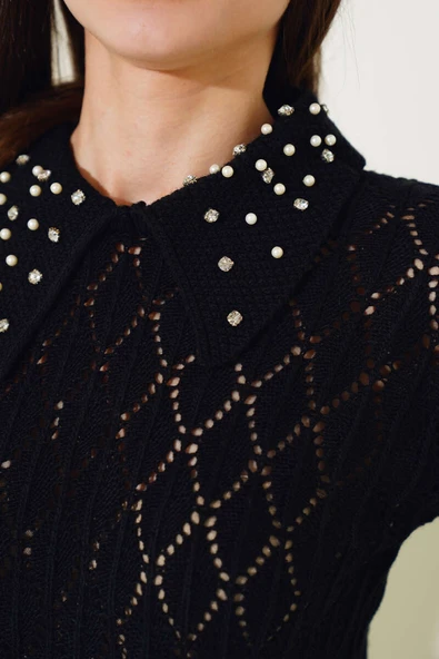 Yaka Taşlı Baklava Desen Triko Kazak Siyah - 4