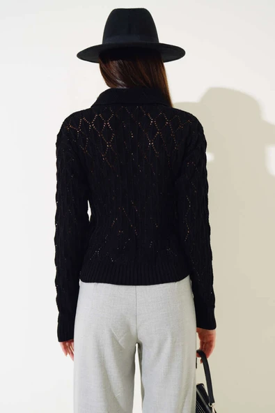 Yaka Taşlı Baklava Desen Triko Kazak Siyah - 3