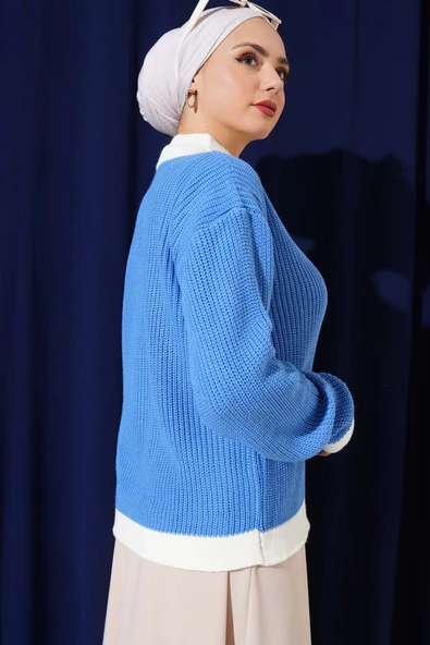 Önü Taş Detaylı Triko Kazak İndigo - 3