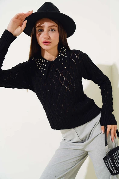 Yaka Taşlı Baklava Desen Triko Kazak Siyah - 2