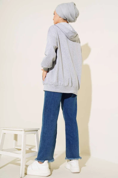 Kapüşonlu Fermuarlı Salaş Hırka Gri - Resim 3