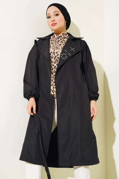 Yaka Taşlı Kuşaklı Trençkot Siyah - 2