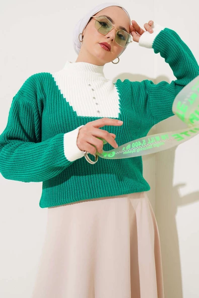 Önü Taş Detaylı Triko Kazak Zümrüt - 2