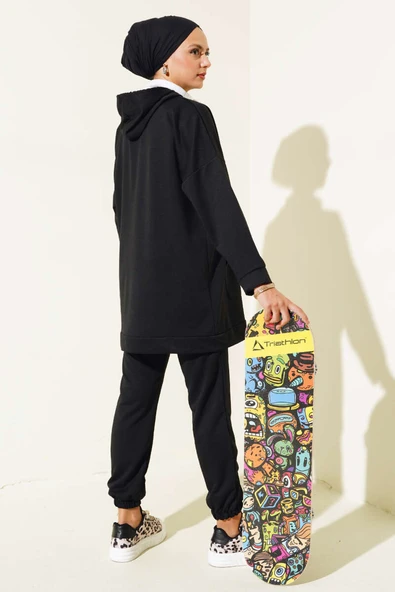 Paça Lastikli Kapüşonlu İkili Takım Siyah - 3