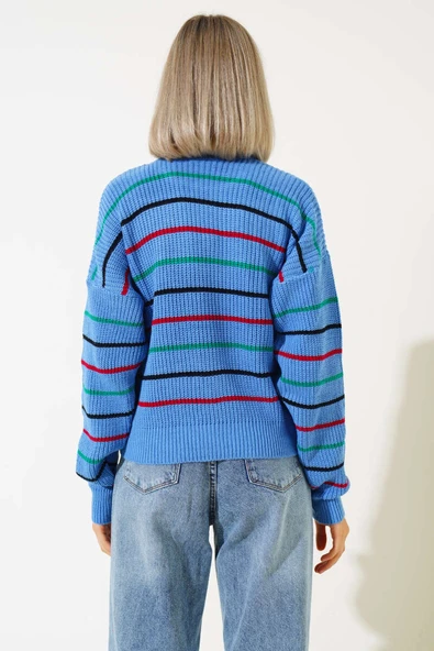 Renkli Çizgili Triko Crop Kazak İndigo - 3