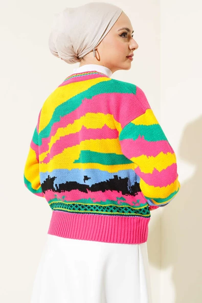 Karışık Desen Triko Kazak Fuşya - 3