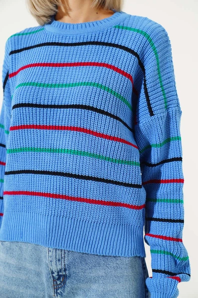 Renkli Çizgili Triko Crop Kazak İndigo - 4