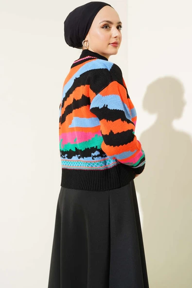 Karışık Desen Triko Kazak Siyah - 3