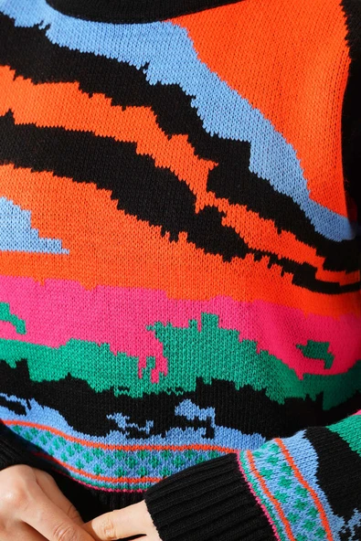 Karışık Desen Triko Kazak Siyah - 4