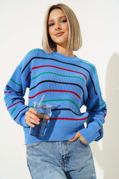 Renkli Çizgili Triko Crop Kazak İndigo - 2