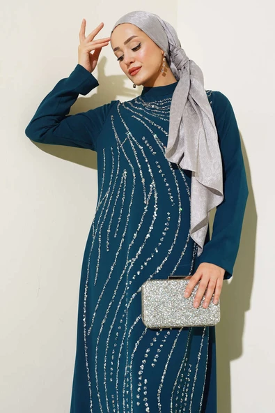 Taşlı Büyük Beden Abiye Elbise Petrol - Resim 2