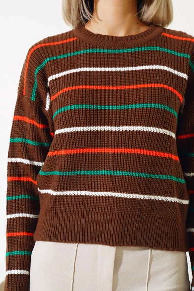 Renkli Çizgili Triko Crop Kazak Kahve - 4